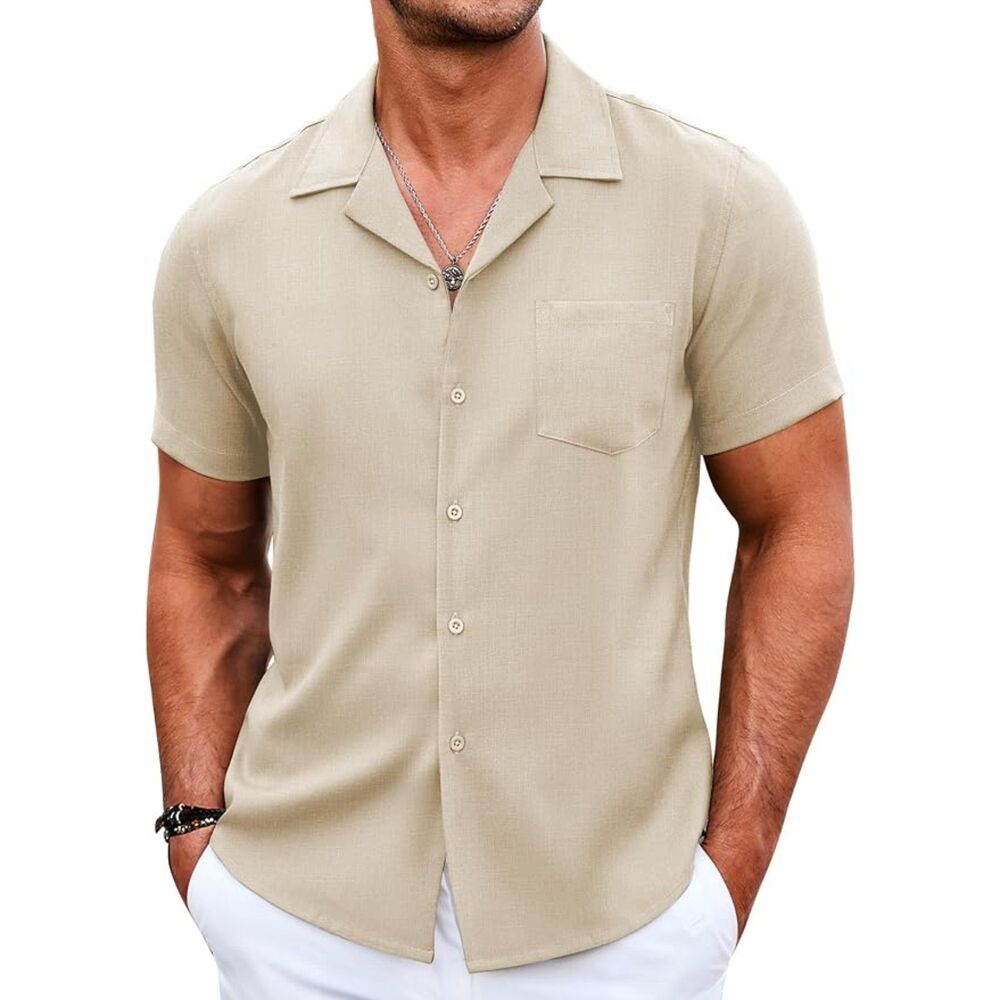 Men's Casual Button Down Shirts Short Sleeve Linen Beach Shirt Beige size Medium